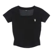 【PLAYBOY】方領後露腰短版T-SHIRT(黑色)
