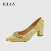 IELGY 2026金色高跟鞋女尖頭低跟黃色婚鞋女孕婦