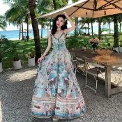 【AS 梨卡】女裝 洋裝 長裙 連身長裙 波西米風洋裝 復古露背連身裙 V領長裙 顯瘦大擺裙HZ036