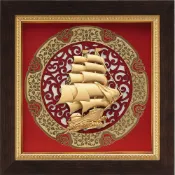 開運陶源雅鑑鑫品 【圓形窗花系列-一帆風順】 帆船 純金箔畫 21 x 21 cm可掛於牆壁，後有腳架，也可以立在桌上