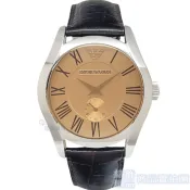 EMPORIO ARMANI亞曼尼 AR0645手錶 經典 香檳金面 小秒針 深棕色壓紋皮帶 石英錶 男錶【澄緻精品】