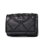 【TORY BURCH】專櫃款 FLEMING 牛皮絎縫菱格釦式三折短夾-黑色