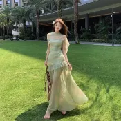 度假洋裝 短袖洋裝 顯瘦洋裝 海島洋裝 海邊洋裝 渡假洋裝 夏日絕美綠色法式網紗吊帶連衣裙女新款爆款高級感收腰度假長裙子