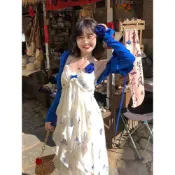 【碎冰藍鳶尾 夏日藍玫瑰】露背碎花洋裝 可拆袖 波西米亞度假溫柔套裝 藍色洋裝 波希米亞風洋裝 渡假風碎花洋裝