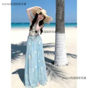 女生兩件式裙裝 淺藍碎花短版背心 高腰刺繡蛋糕長裙 夏季顯瘦飄逸雪紡套裝 海島旅行沙灘渡假約會拍照穿搭小個子顯高百搭女款