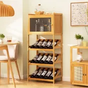 (店+)【STYLE 格調】天然楠竹多功能帶門酒櫃收納架 52*32*116cm 多層酒架 置物架 展示架/紅酒 葡萄酒 美酒收藏