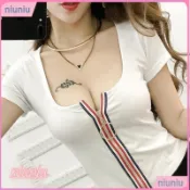 【Niu】台灣發貨✨M-4XL 大尺碼女生短袖T恤低胸漏胸彩色拉鍊胖mm短版顯胸緊身大U領上衣學院風時尚百搭