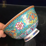 協貿國際日用品生活8館 景德鎮仿古瓷碗綠地花紋圖骨瓷碗家用高腳米飯碗古玩裝飾擺件