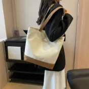 喜挖2店 撞色帆布包包女2023新款韓版簡約單肩包學生上課通勤休閒托特包