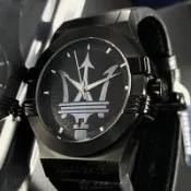 MASERATI 瑪莎拉蒂男女通用錶 42mm 黑六角形精鋼錶殼 深咖啡木紋, 大三叉錶面款 R8851108026