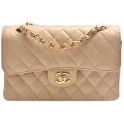 【CHANEL 香奈兒】經典COCO菱格粒紋牛皮雙鍊肩背包(23cm裸膚色A01113C-NUDE-GP)