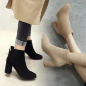 【高品質】35-43碼 大尺碼粗跟短靴 大尺碼女鞋 秋冬歐美尖頭粗跟馬丁靴高跟短靴大碼女靴子41時尚踝靴42碼女鞋