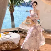 【福甜甜❤️】法式 海邊度假禮服 渡假洋裝 鳶尾呢喃 紫色印花荷葉邊洋裝 吊帶連衣裙 茶歇連身裙 海邊沙灘裙