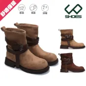 [保暖必備] C&D 女靴 增高4CM 率性翻摺皮帶軟絨低跟短靴 內刷毛 靴子 中筒靴 機車靴 騎士靴