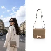 【Hermes 愛馬仕】Mini Constance 牛皮翻蓋斜背包/康康包(大象灰/玫瑰金)
