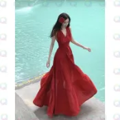 【小喬精選】絕美露背性感開叉顯瘦海島度假風洋裝 法式氣質連衣裙 紅色綁帶連衣裙 夏季新款海邊度假長裙 洋裝連身裙 洋