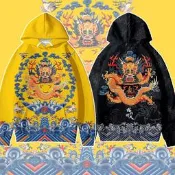 原宿風復古龍袍衛衣男女連帽龍圖案皇帝衣服龍的傳人圓領加絨外套