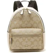COACH 滿版LOGO皮革拉鍊後背包－卡其白