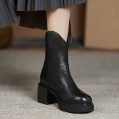 【XX|茜茜 SHOP】氣質短靴  增高靴子 真皮高跟马丁靴女2022年新款秋冬粗跟加绒皮靴保暖短靴厚底中筒靴