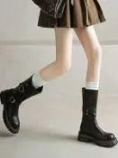 全球選品1館 生活百貨 海風少女真皮厚底中筒靴小個子皮帶扣圓頭靴子棕色英倫風騎士靴