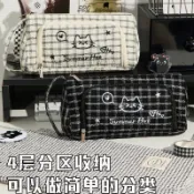 🎉可開發票🎉丹獵格紋小貓筆袋ins風2026新款大容量簡約國小生男孩女孩款多功能文具袋耐髒小衆不撞款初高中生收納文具