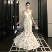 法式聚會派對性感米白色蕾絲吊帶長裙女裝緊身V領抽繩無袖中長款魚尾洋裝