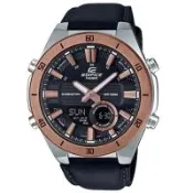 【CASIO 卡西歐】EF 雙顯男錶 皮革錶帶 黑X玫瑰金 防水100米 十年電力(ERA-110GL-1A)