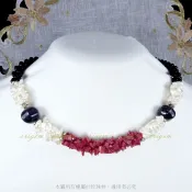 珍珠林~三條捲股項鍊~阿卡珊瑚.貝殼珍珠.黑琉璃~展示樣品出清~僅此一組#364+11