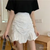 🔥虧本出🔥辣妹必備 魚尾裙 半身裙女春季款高腰A字短裙褶皺包臀荷葉邊白色裙子安全褲 高級感 穿搭 洋裝 短褲 A2OC