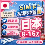 日本網卡 4G/5G  8-16天中天數 Docomo原生 日本SIM卡 沖繩/大阪/東京 網路卡 可用AI/國際版抖音