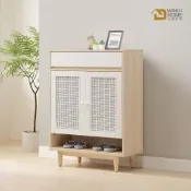 WAKUHOME 瓦酷家具Antony極簡北歐風白楓木2.7尺藤編鞋櫃(透氣門設計)-寬81*深40*高120