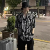 夏威夷 復古 大碼 花襯衫短袖 夏季新款 滿印 葉子 襯衫男 ins 潮牌 街頭 寬鬆 嘻哈 短袖襯衫 男（N2130）