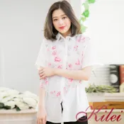 【Kilei】大尺碼女裝 短袖襯衫 女上衣 女生衣著 印花紗拼接麻紗長版襯衫上衣XA3443-01(都會紅)大尺碼