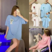 新款夏季新款親子裝 母女裝洋裝 父子裝 親子裝T恤繡花愛心短袖服装 一家四口全家裝 情侶裝親子服兒童姐妹裝 大尺碼親子