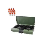 【Iwatani 岩谷】日本戶外防風磁式瓦斯爐-雙口爐-軍綠色-3.3kw-日本製+瓦斯罐6入
