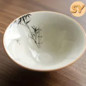 草木灰釉斗笠杯手繪水墨君竹主人杯復古中式陶瓷品茗杯茶具禮盒