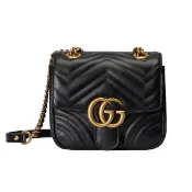 【GUCCI 古馳】739682 新款Marmont系列方胖子仿舊金屬雙G LOGO肩背/斜肩包(黑色)