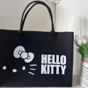 卡通 Hello Kitty 黑色白色環保購物袋毛氈手提袋多功能輕便開放式通勤袋