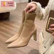 臺灣現貨芒果家mangohomeelingstudio 溫柔高級感尖頭高跟瘦腿靴女軟皮瘦瘦短靴女春秋單靴
