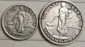 外國銀幣，保真包老美屬菲律賓1945年10.20分銀幣二枚，掛五-2984