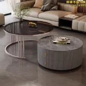 茶几輕奢風客廳家用小戶型北歐邊幾大理石巖板圓形可儲物小茶