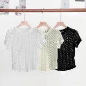 (店+)【FEE BABY】透膚蕾絲刺繡緹花顯瘦上衣 t恤透膚襯衫 短袖上衣 白色上衣 疊穿 仙女上衣 日系上衣 白色 黑色 杏色 咖色