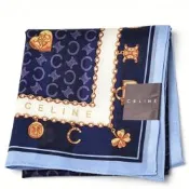 CELINE 藏青金鏈幸運草老花字母圖騰LOGO帕領巾(51CM)