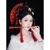 台灣出貨#格格間原創【紅屏】扇形折扇子紅色髮飾玄女髮簪複古風漢服花魁