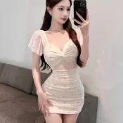 出清不補 性感連身裙 情趣迷你裙 性感包臀裙 洋裝 辣妹氣質印花連衣裙緊身褶皺網紗短裙修身顯瘦低胸性感夏季潮