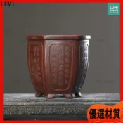 紫砂花盆 六角形仿古浮雕 刻繪盆景盆 陶瓷花盆 蘭花盆 多肉盆 居家園藝 裝飾擺件 陶盆 粗陶盆 中式透氣 花器 盆器
