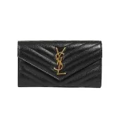 【YSL】MONOGRAM 魚子醬皮革信封釦式長夾(金字-黑色)