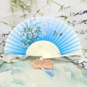 (店+)Iman臻緻生活新中式古風淡藍色花鳥紋工藝摺扇新中式古風摺疊扇子夏天漢服女