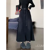LUMI口碑神物限時下殺✨ 復古黑色毛邊大裙擺牛仔半身裙女春夏設計感高腰顯瘦垂感a字長裙韓係半身裙 A字裙 半身裙 
