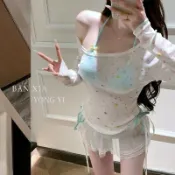 【Soye】台灣出貨🌷可愛少女 日系 荷葉邊 性感泳衣 比基尼泳衣 三件套 分體 泳衣 女 溫泉 渡假泳衣 三角低腰泳衣